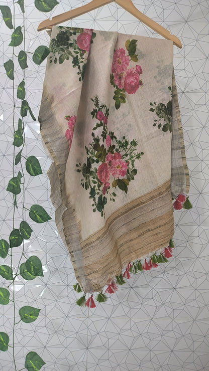 Off White Floral Woven Design Linen Stole