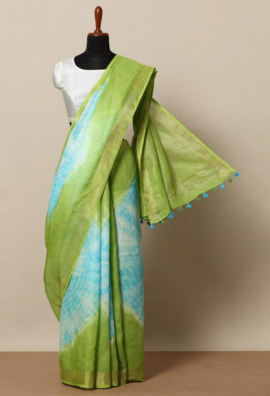 Delicate Cyan with Green Tie & Dye Linen Cotton saree