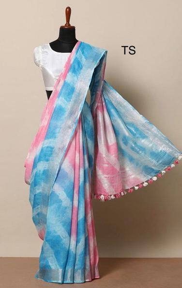 Serene Blue with Pink Tie & Dye Linen Cotton saree